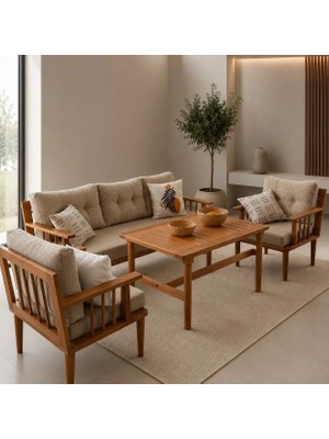 Zerka Concept Vizyon Masif Ahşap Bahçe Balkon Koltuk Gürgen Ağacı 3+1+1 Koltuk, Masa Takımı