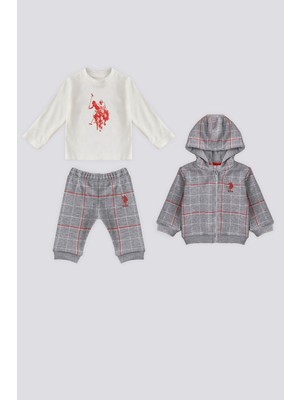 U.S. Polo Assn. Gri Melanj Desenli Kapüşon Detay Bebek 3'lü Takım