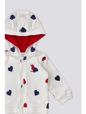 U.S. Polo Assn. Ekru Kalp Desenli Kapüşonlu Bebek 3'lü Takım
