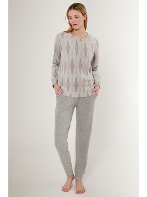 Pierre Cardin Equilateral Triangle Pattern Gri Kadın Uzun Kol Pijama Takım