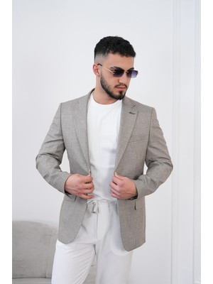 Dupont Classics Dupont Erkek Keten Slim Fit Blazer Ceket - 6 Drop Çift Yırtmaç Mono Yaka Spor Ceket