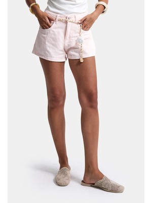 It's Basic Kadın Pembe Özel Kumaş Güllü Kemerli Tasarım Mini Denim Şort