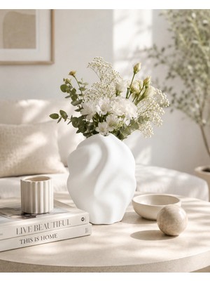 Lui Tasarım Dalga Desenli Seramik Stoneware Bohem 18 cm Vazo Beyaz Renk
