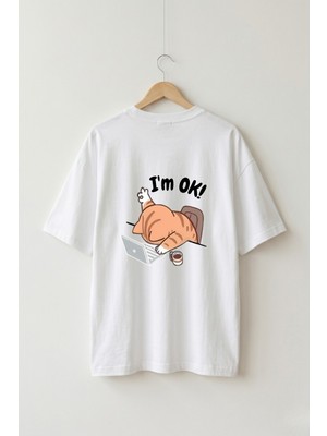 Maison De Mode Oversize Unisex Beyaz Bilgisayarlı Ofis Kedisi Tasarım Tişört