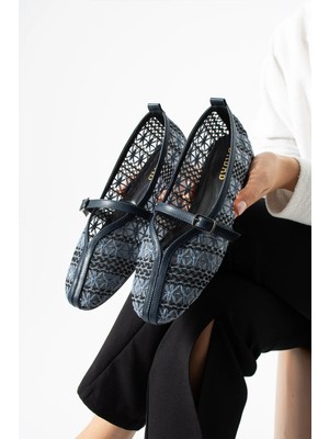 Dabab Shoes Marvena Kadın Lacivert Çapraz Bantlı Dantel Detaylı Şeffaf Dokulu Babet
