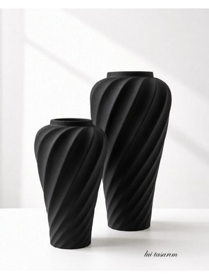 Lui Tasarım Siyah Renk Spiral Mat Seramik 2li Vazo Seti Stonware Büyük Boy Burgulu Vazo 31 cm 22 cm