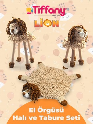 Tiffany Lion El Örgü Tabure ve Halı Seti 3 Parça Kahve 931025
