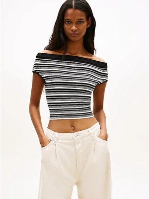 Tommy Hilfiger Kadın Off Shoulder Çizgili Kazak