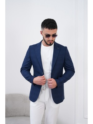 Dupont Classics Dupont Erkek Keten Slim Fit Blazer Ceket - 6 Drop Çift Yırtmaç Mono Yaka Spor Ceket