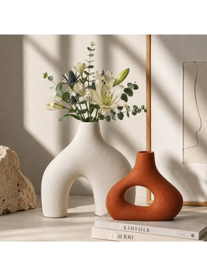 Lui Tasarım Krem Rengi ve Kiremit Rengi Vazo 30 cm ve 20 Cm2'li Seramik Xl Boy Bohem Sade Şık Modern Tasarım