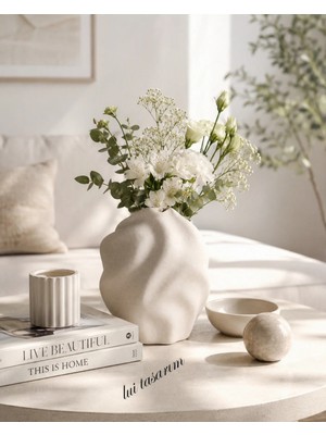 Lui Tasarım Bej Rengi Dalga Desenli Seramik Stoneware Bohem 18 cm Vazo