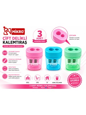 Danacı Kırtasiye Mikro Çift Delikli Kalemtıraş 3 Adet Hazneli Standart ve Jumbo Kalem Uyumlu MK-1011