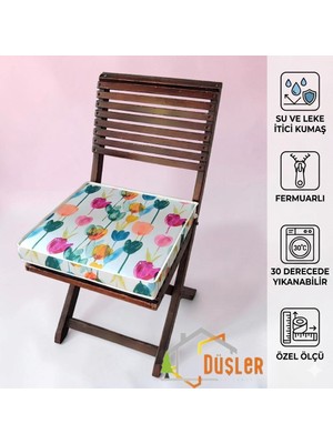 Düşler Ev Tekstili 40X40 Rengarenk Lale Desenli Su ve Leke Itici Duck Kumaş Fermuarlı Bağcıklı Biyeli Sandalye Minderi 5 cm