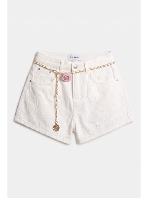 It's Basic Kadın Ekru Özel Kumaş Güllü Kemerli Tasarım Mini Denim Şort