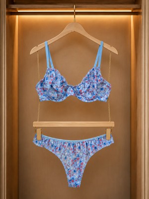 Veloura Pretty Mavi Tül Bralet Takım