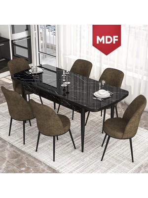 Canisa Concept Kor Serisi, MDF Siyah Mermer Desen 70X114 Açılabilir Mutfak Masa Takımı, 6 Sandalye