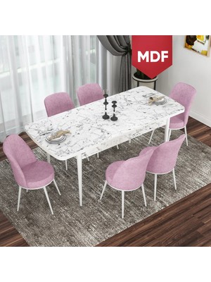 Canisa Concept Kor Serisi, MDF Beyaz Mermer Desen 70X114 Açılabilir Mutfak Masası Takımı, 6 Sandalye