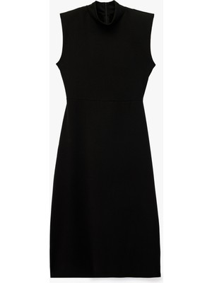 Koton Krep Scuba Kumaş Slim Fit Kolsuz Dik Yaka Midi Elbise
