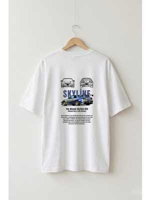 Maison De Mode Oversize Unisex Beyaz Gtr R34 Araba Ön-Arka Grafik Baskılı Jdm Tasarım Hızlı ve Öfkeli T-Shirt