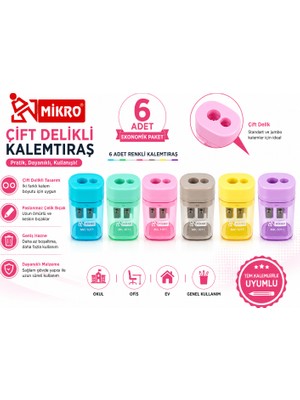 Danacı Kırtasiye Mikro Çift Delikli Kalemtıraş 6 Adet Hazneli Standart ve Jumbo Kalem Uyumlu MK-1011