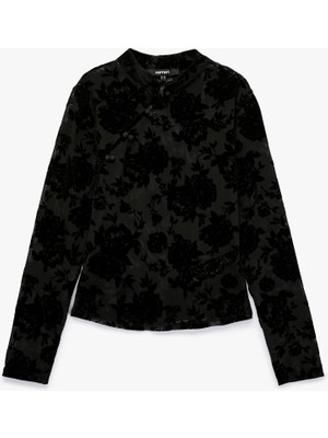 Koton Uzun Kollu Floral Dokulu Dik Qipao Yaka Tül Tişört