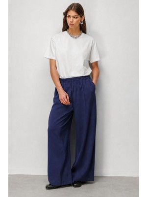 Mizalle Beli Lastikli Modal Dokulu Indigo Pantolon