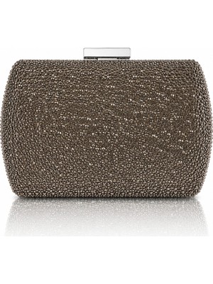 Seniorah Platin Gri Parlak Taş Kaplama Oval Söz Nişan Düğün Kadın Abiye Çanta Clutch