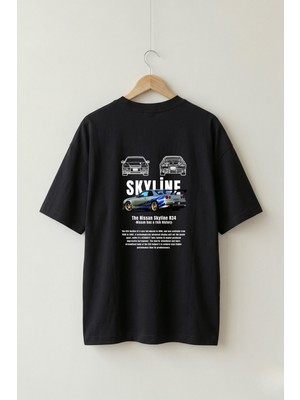 Maison De Mode Oversize Unisex Siyah Gtr R34 Araba Ön-Arka Grafik Baskılı Jdm Tasarım Hızlı ve Öfkeli Tişört