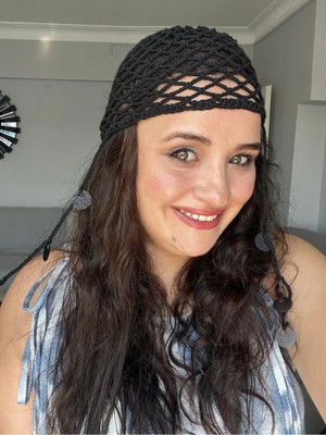 Guvdin El Yapımı Örgü Bohem Siyah File Yazlık Bere, Yazlık Şapka, Bandana, Toka Plaj Saç Aksesuarı
