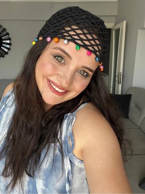 Guvdin El Yapımı Örgü Bohem Siyah File Yazlık Bere, Yazlık Şapka, Bandana, Toka Plaj Saç Aksesuarı