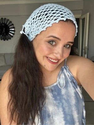 Guvdin El Yapımı Örgü Bohem Mavi File Yazlık Bere, Yazlık Şapka, Bandana, Toka Plaj Saç Aksesuarı