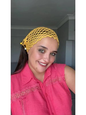 Guvdin El Örgüsü Hardal Saç Filesi - Boncuklu Bohem Bandana