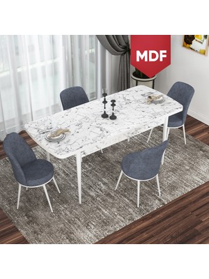 Canisa Concept Kor Serisi, MDF Beyaz Mermer Desen 70X114 Açılabilir Mutfak Masası Takımı, 4 Sandalye