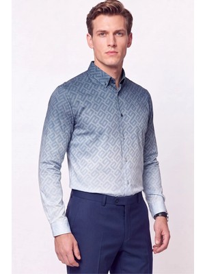 Efor Slim Fit Düğme Yaka Desenli Mavi Gömlek G 1611
