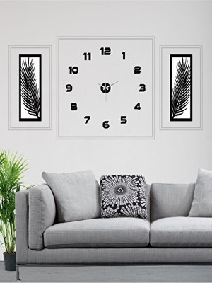 Elarque Duvar Saati 3 Parçalı Akrilik ve Pleksi Set, Aynalı Palmiye Yapraklarıyla Modern Dekora