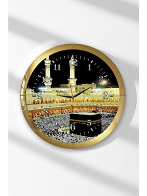 Elarque Duvar Saati Altın Çerçeveli Kabe Temalı Yuvarlak Mdf