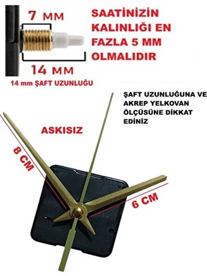 Elarque Duvar Saati Sessiz Çalışan Saat Mekanizması - 14 mm Şaft, Askısız Tasarım