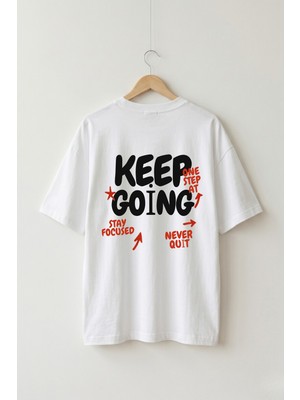 Maison De Mode Oversize Unisex Beyaz Önlü Arkalı Keep Going Baskılı Tişört