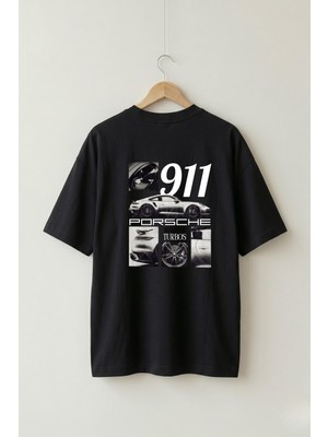Maison De Mode Oversize Unisex Siyah 911 Turbo Araba Ön-Arka Grafik Baskılı Jdm Tasarım Tişört