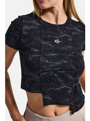 It's Basic Kadın Siyah W5 Aksesuar Detaylı Asimetrik Kesim Crop Top