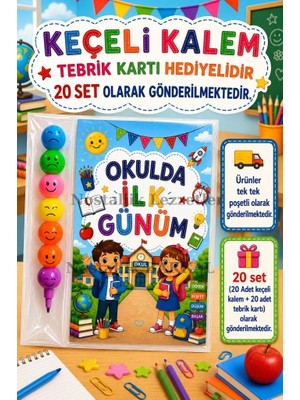 Nostaljik Lezzetler 20 Adet Okulda Ilk Günüm Yazılı Hediye Seti 1. Sınıf- Sene Başı Hatırası Keçeli Kalem Tebrik Kartı Hediyeli