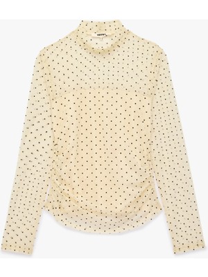 Koton Slim Fit Uzun Kollu Drapeli Transparan Puantiyeli Dik Yaka Tül Tişört