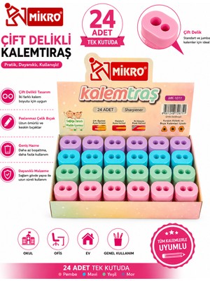Danacı Kırtasiye Mikro Çift Delikli Kalemtıraş 24 Adet Tek Kutu Hazneli Standart ve Jumbo Kalem Uyumlu MK-1011