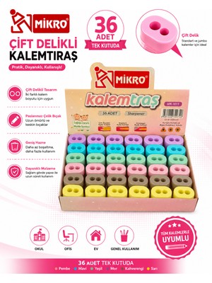 Danacı Kırtasiye Mikro Çift Delikli Kalemtıraş 36 Adet Tek Kutu Hazneli Standart ve Jumbo Kalem Uyumlu MK-1011
