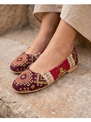 Futsi Shoes Vıttorıa Hakiki Deri Etnik Desenli Kadın Bordo Kilim Desenli Babet