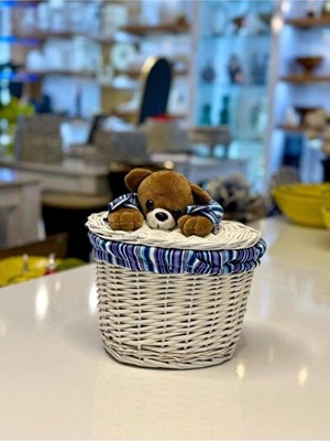 Elarque Sepet Beyaz Peluş Detaylı Oval Hasır Oyuncak Sepeti