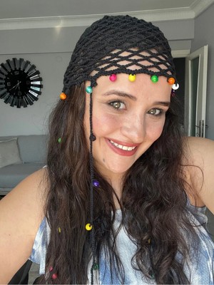Guvdin El Yapımı Örgü Bohem Siyah File Yazlık Bere, Yazlık Şapka, Bandana, Toka Plaj Saç Aksesuarı