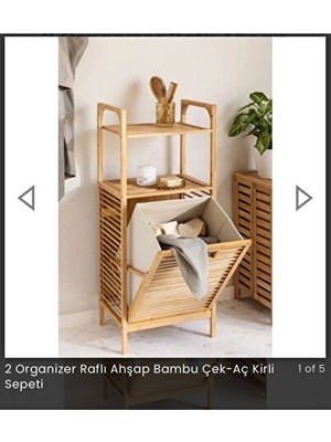 Elarque Çamaşır Sepeti Iki Organizer Raflı Ahşap Bambu Çek-Aç Kirli Sepeti, Pratik ve Şık Tasarım