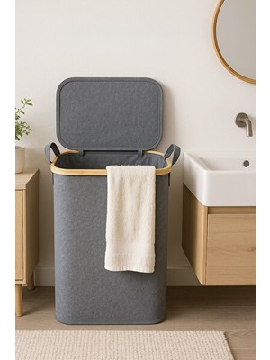 Elarque Çamaşır Sepeti Katlanabilir Bambu Kapaklı Kumaş , 100 Litre Hacim