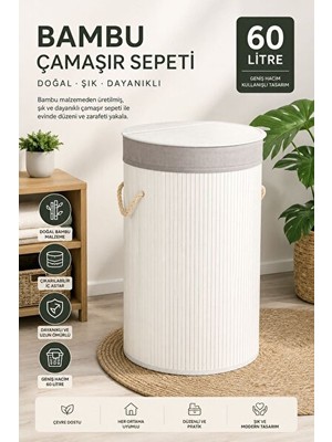 Elarque Çamaşır Sepeti Bambu Beyaz Katlanabilir , 60 Litre Kapasiteli